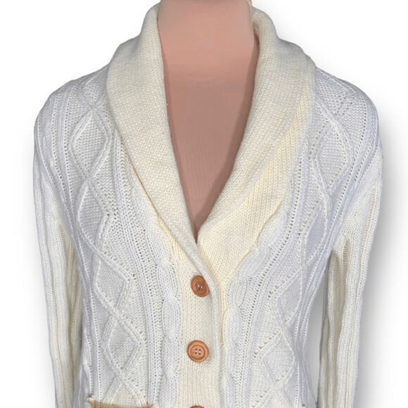 Cream Cable Knit Shawl Collar Cardigan Sweater Wood Buttons Front Pockets Medium - Picture 4 of 11